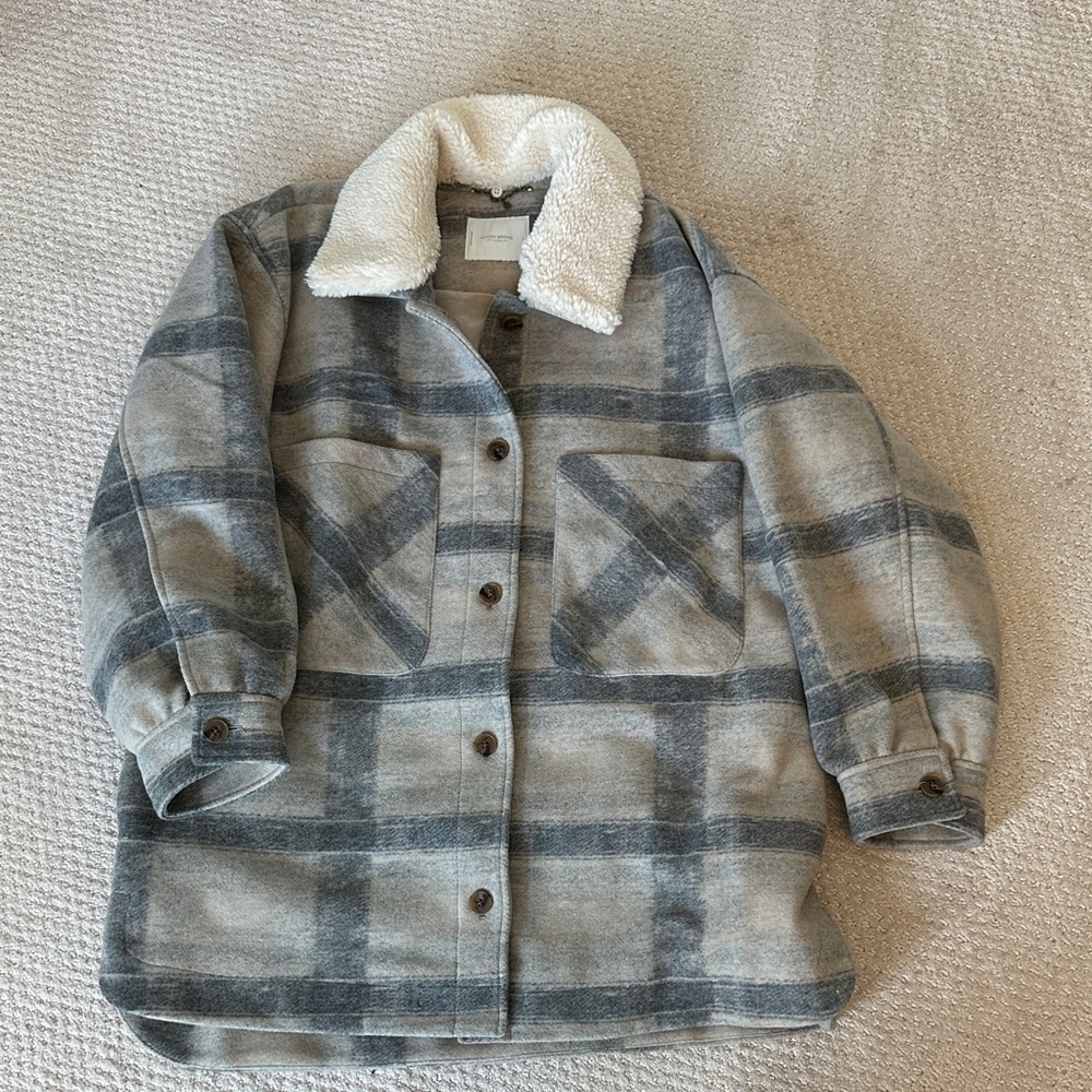 Lucky Brand Gray Plaid Puffer Jacket with Sherpa Collar